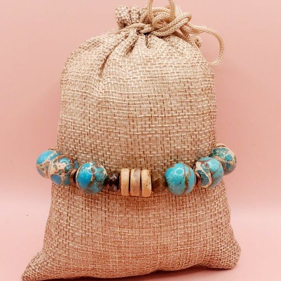 Imperial Jasper, Bronzite, Copper and Coconut Husk Chunky Bracelet - Picture 3 of 5